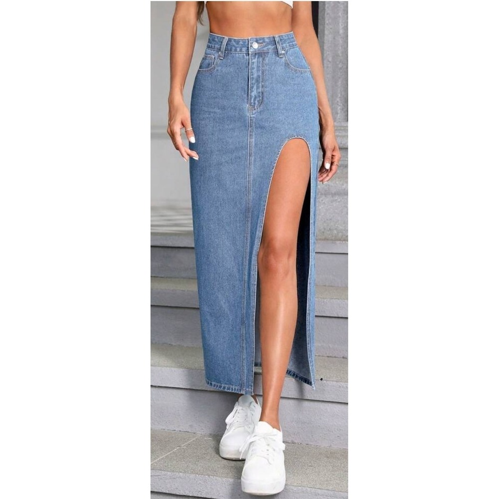 Womens High Waisted Denim Maxi Skirt Light Wash High Slit Long Jean Skirt Size M